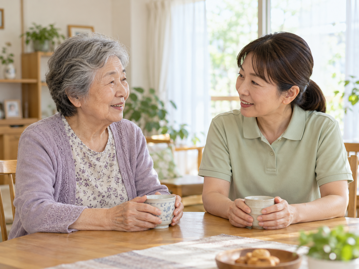 明るい室内で、お茶を囲んで穏やかに会話する高齢の女性と介護スタッフのイメージ